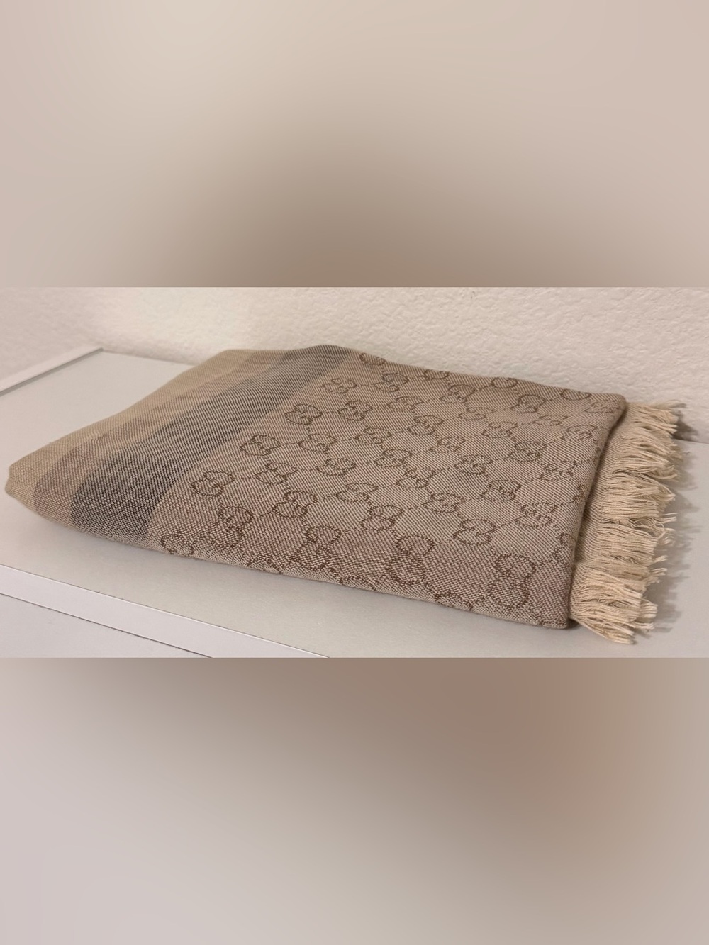 Vintage Gucci GG-Motif Color Block Scarf w/ Fringed Trim & Signature Monogram